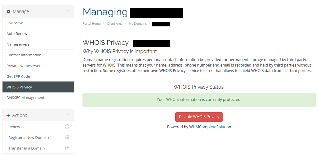.CA Whois Privacy Service supported for Individuals