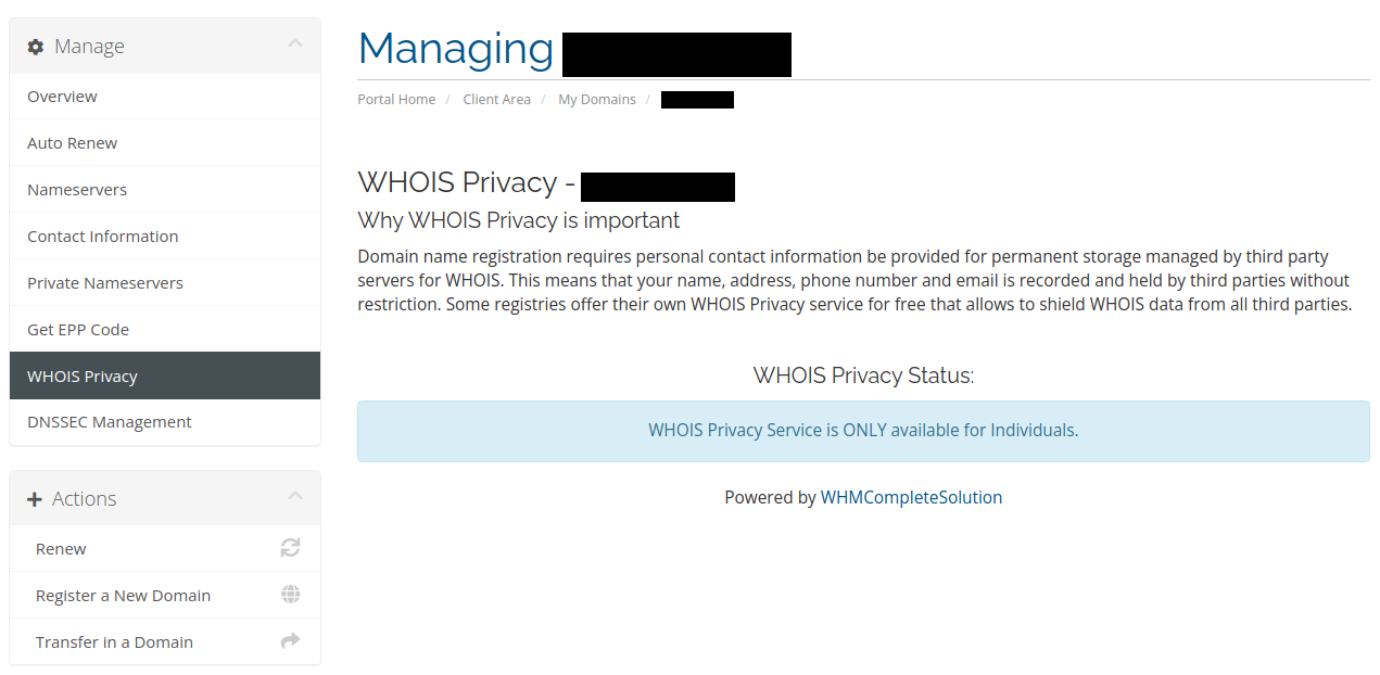 .CA Whois Privacy Service unsupported for Organizations